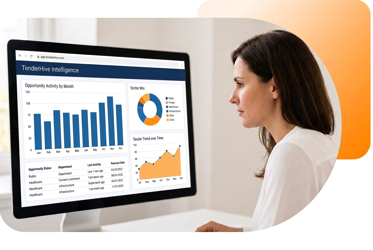 Woman reviewing an illustrative tender analytics display